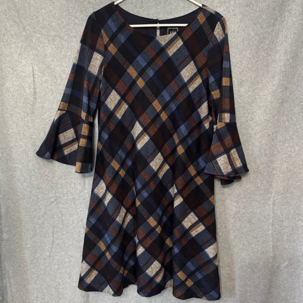 JH Plaid Bell Sleeve Dress Large Multi Color Bias Cut Shift Dark Academia preppy